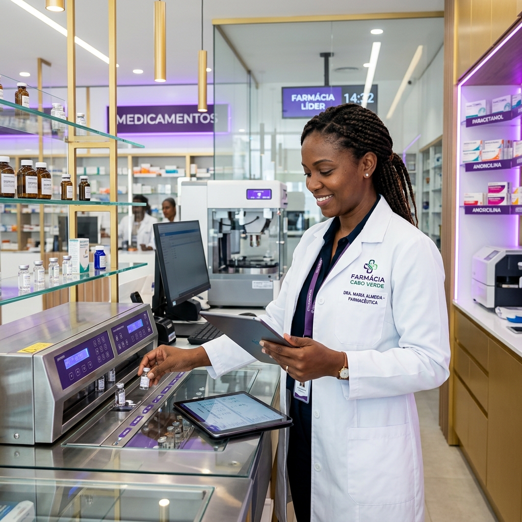 Profissional farmacêutico em laboratório moderno em Cabo Verde